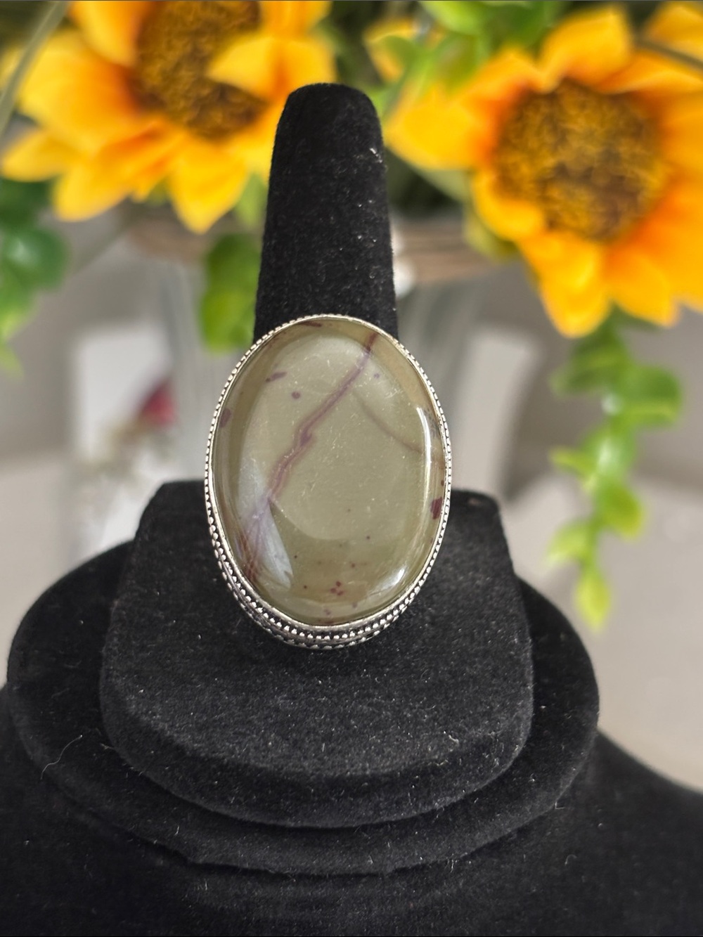 Green Jasper Oval Gemstone Statement Ring Size 8